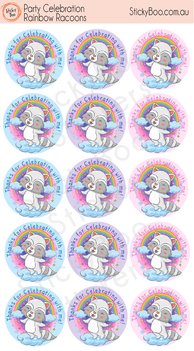 Party Celebrations Rainbow Racoons | Birthday Stickers