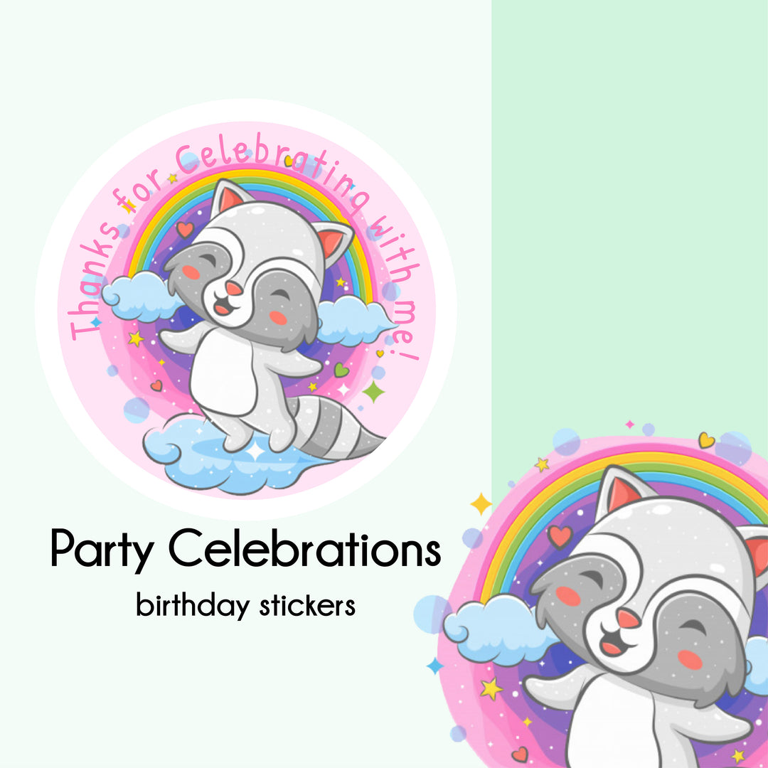 Party Celebrations Rainbow Racoons | Birthday Stickers