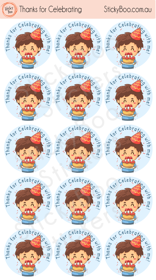 Birthday Party Stickers | Thanks for Celebrating | StickyBoo Stickers